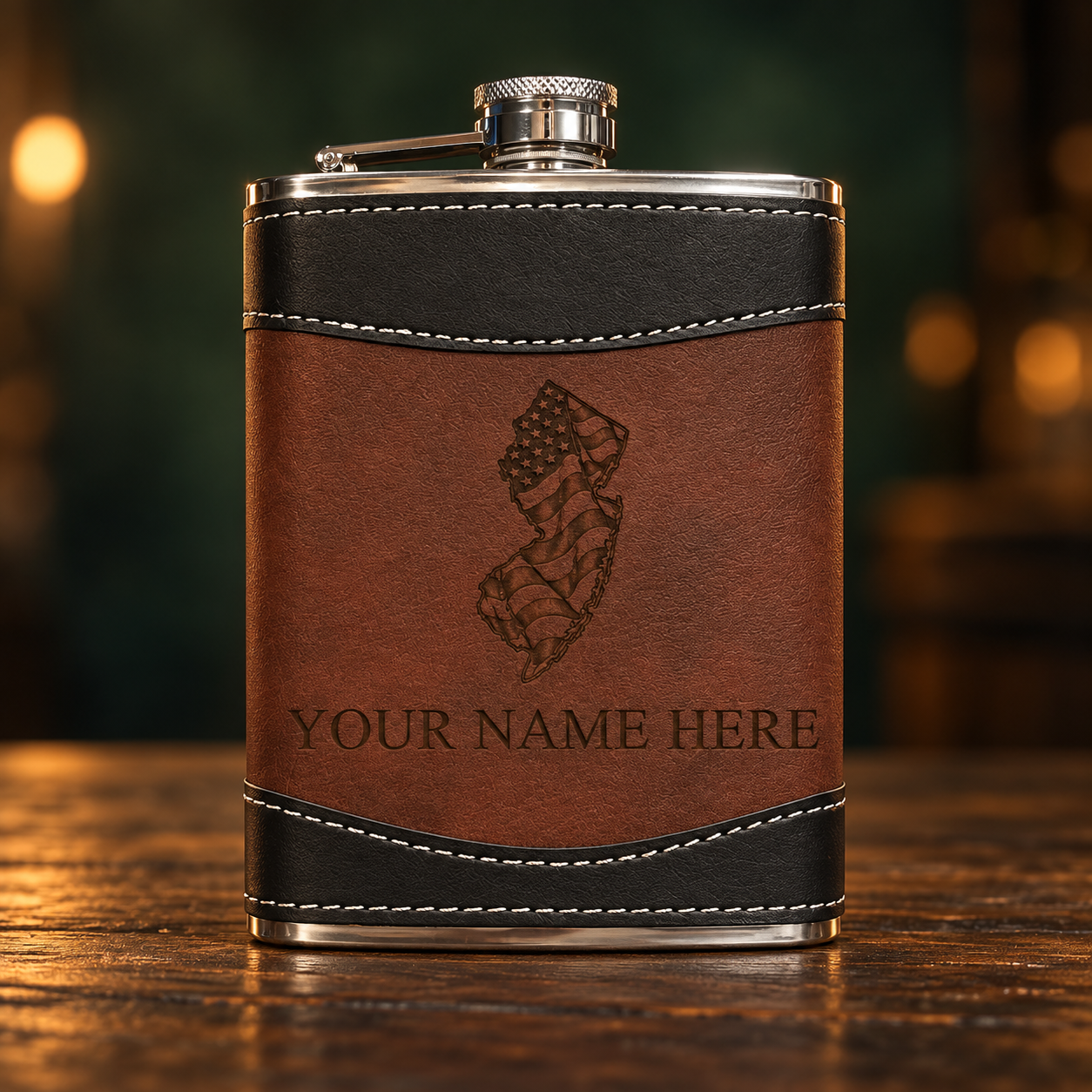 Engraved leather-wrapped flask by Emberline