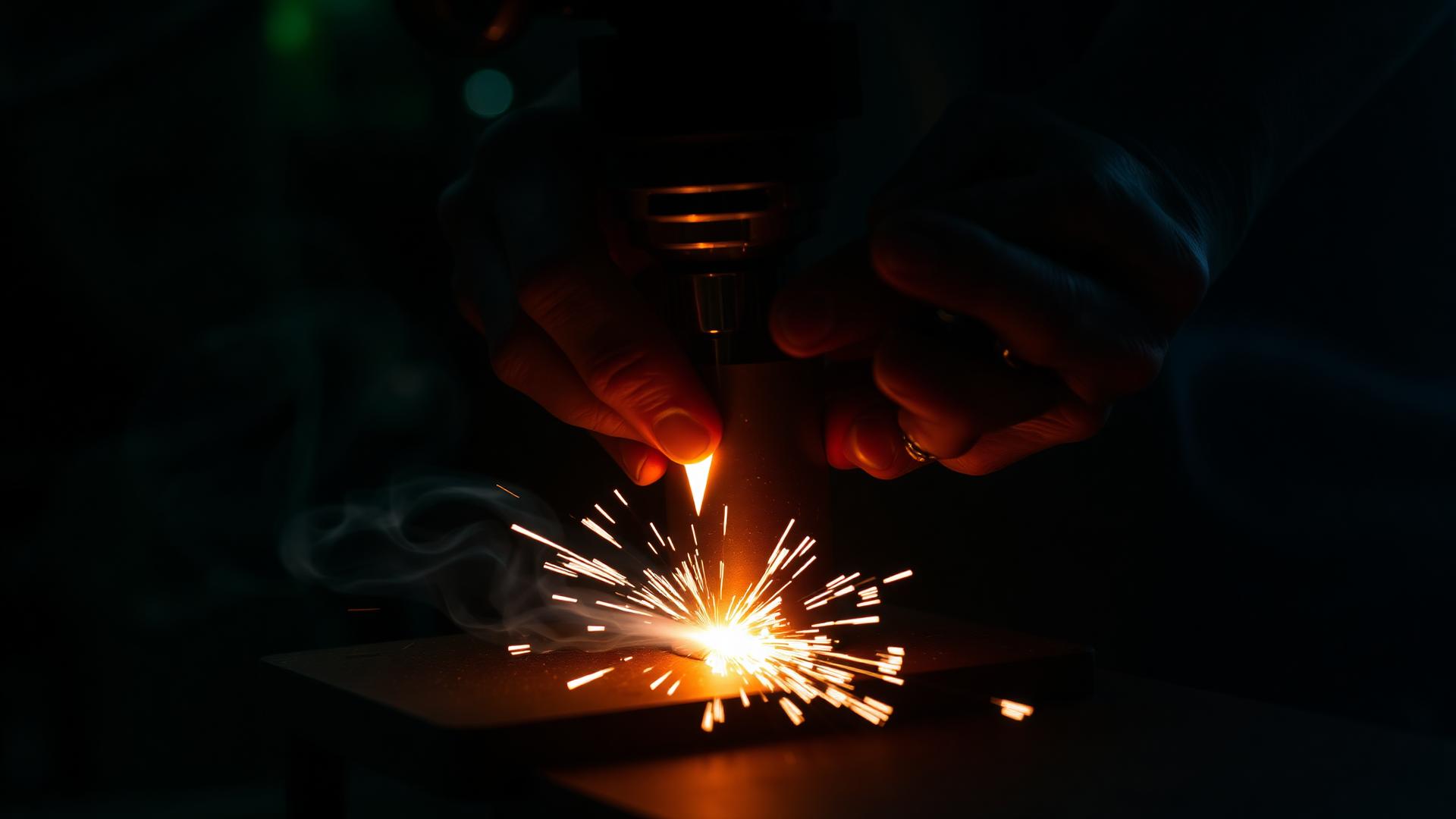 Hands laser-engraving a tumbler, sparks and warm amber glow in a dark workshop