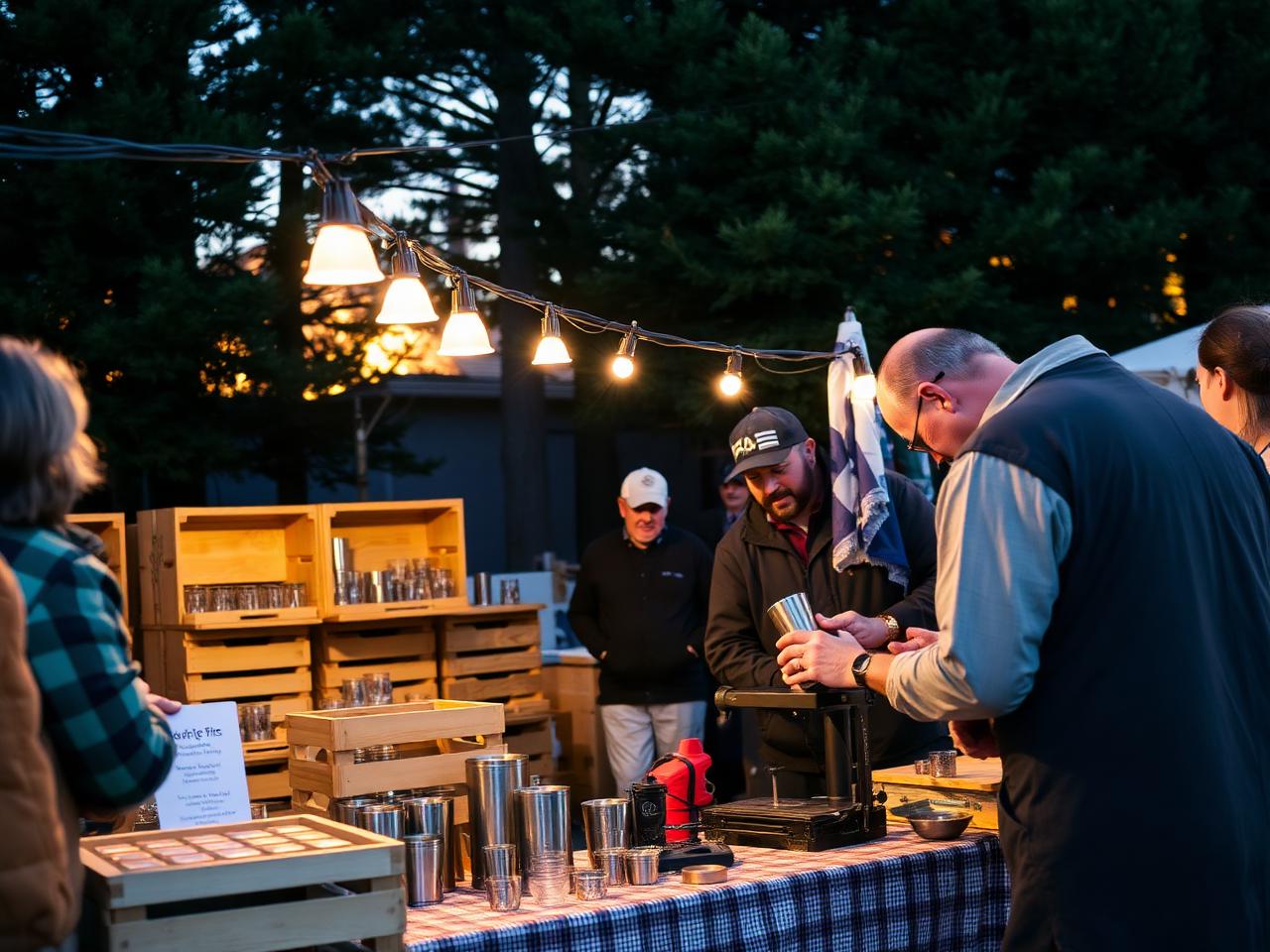 Emberline booth at a New Jersey craft show at dusk, engraving live for customers under string lights